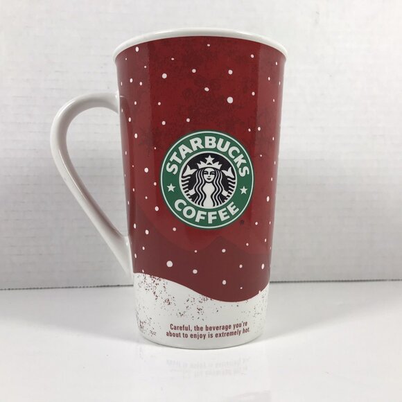 Starbucks Coffee Holiday 2007 16oz Coffee Tall Mug Christmas Snowflakes Snow Red - Picture 3 of 7